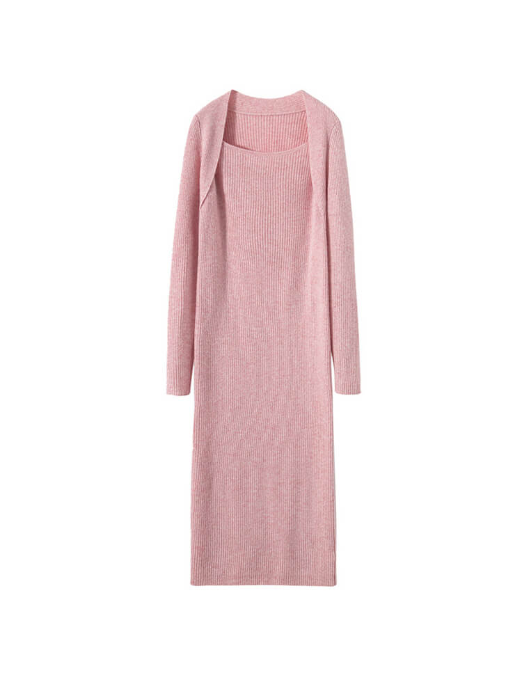 Bold Ribbed Square Neck Long Sleeve Midi Cashmere Sweater Dress