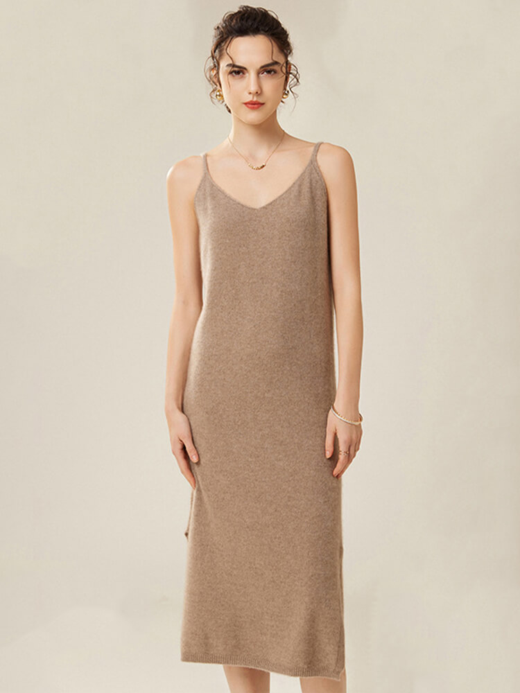 V-Neck Sleeveless Cashmere Midi Dress with Side Slit