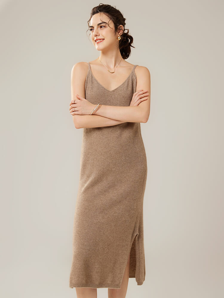 V-Neck Sleeveless Cashmere Midi Dress with Side Slit