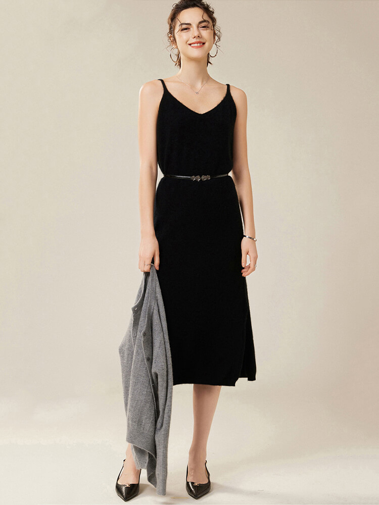 V-Neck Sleeveless Cashmere Midi Dress with Side Slit