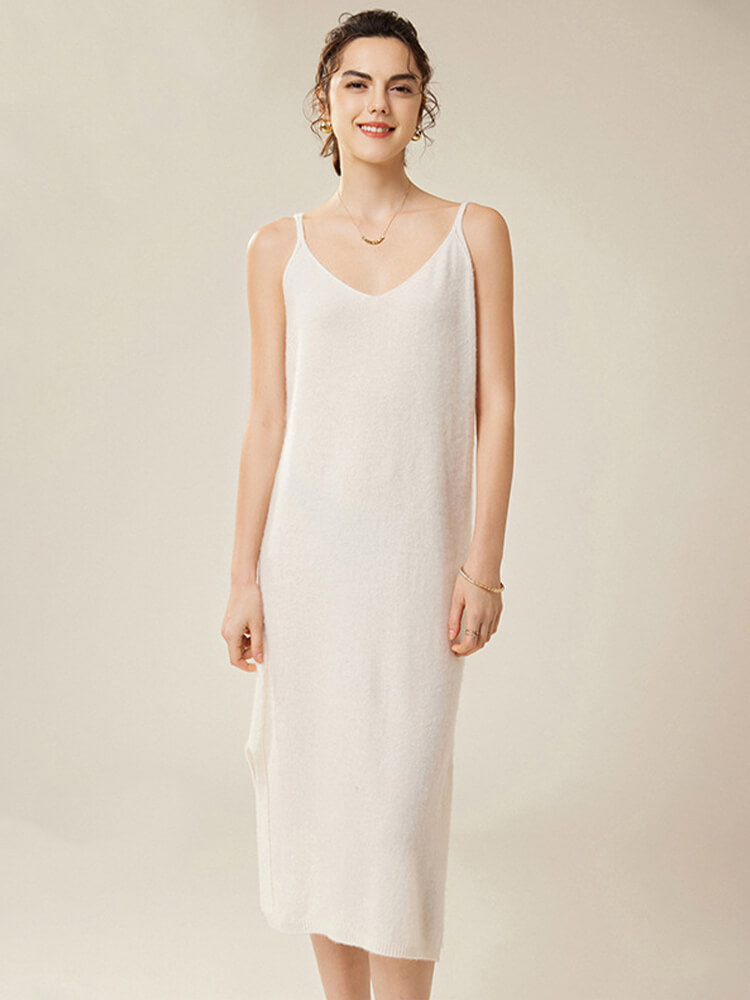 V-Neck Sleeveless Cashmere Midi Dress with Side Slit