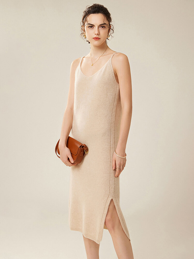 V-Neck Sleeveless Cashmere Midi Dress with Side Slit