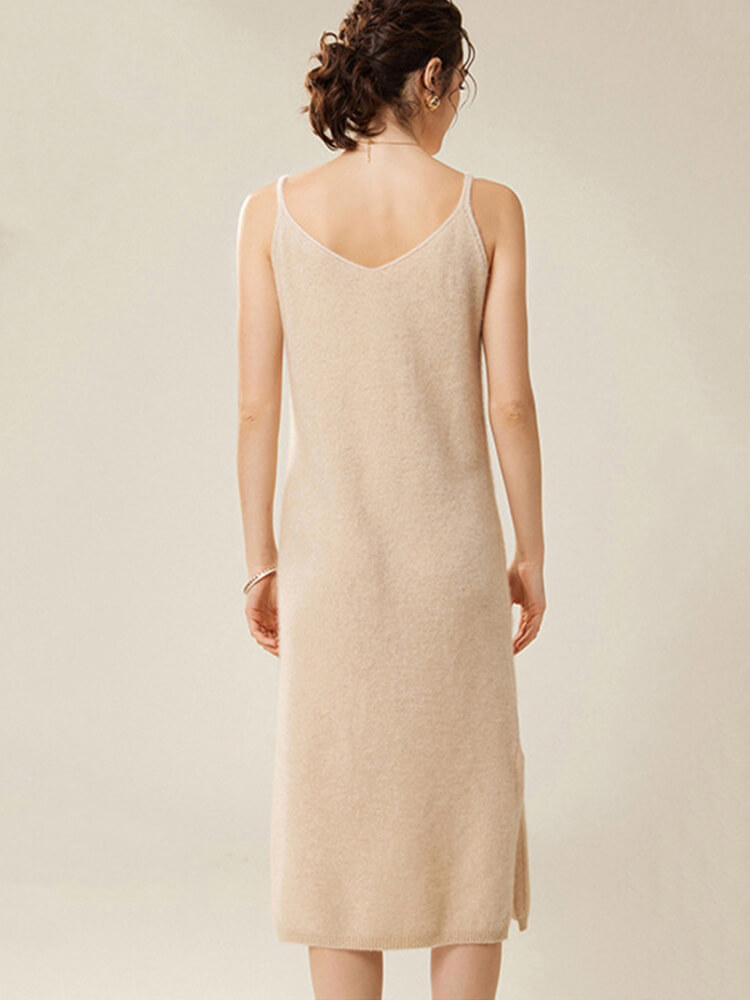 V-Neck Sleeveless Cashmere Midi Dress with Side Slit