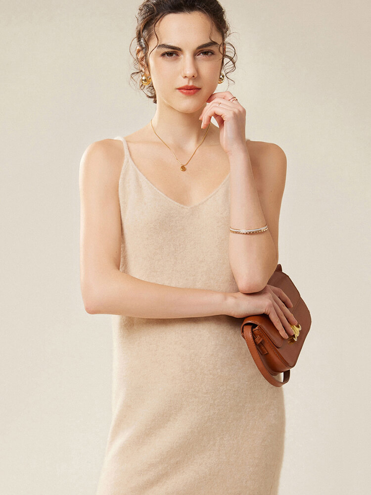 V-Neck Sleeveless Cashmere Midi Dress with Side Slit