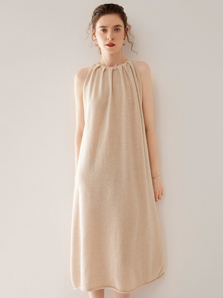 Gathered Neck Sleeveless Cashmere Maxi Dress