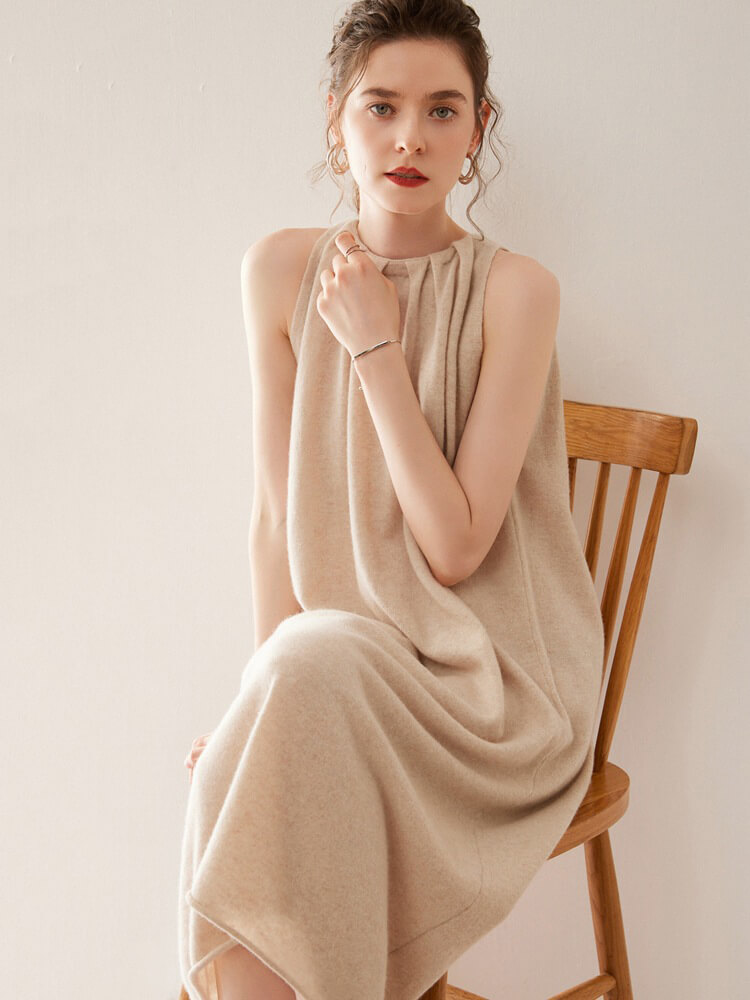 Gathered Neck Sleeveless Cashmere Maxi Dress