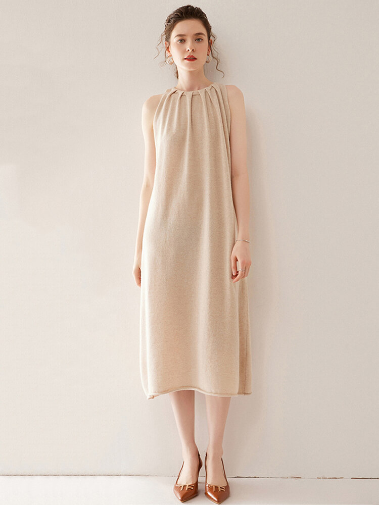 Gathered Neck Sleeveless Cashmere Maxi Dress