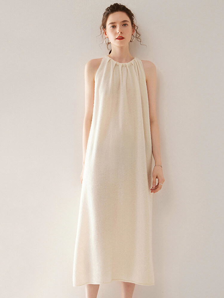 Gathered Neck Sleeveless Cashmere Maxi Dress