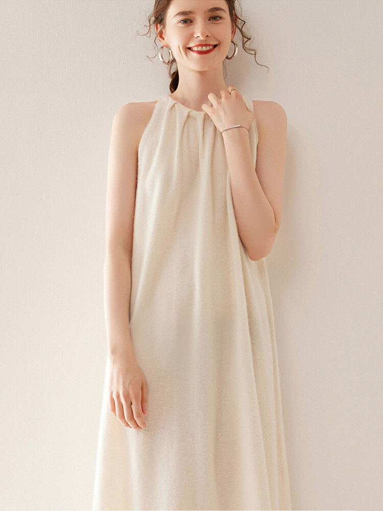 Gathered Neck Sleeveless Cashmere Maxi Dress