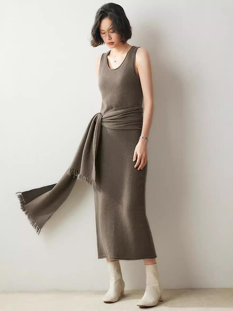 Scoop Neckline Sleeveless Cashmere Midi Tank Dress