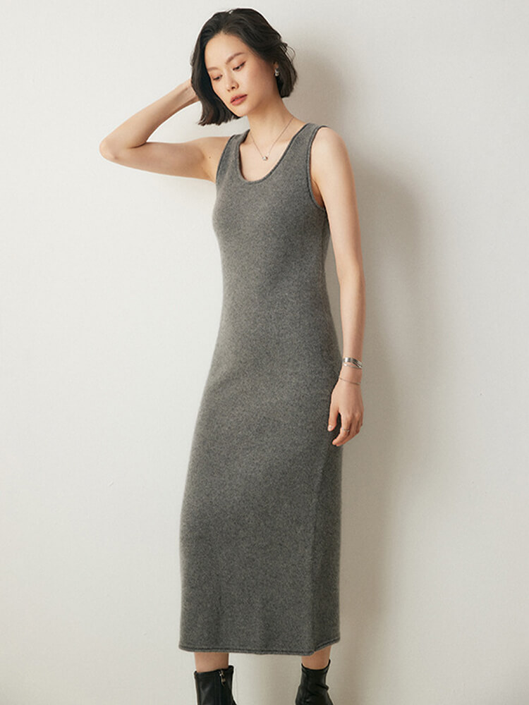 Scoop Neckline Sleeveless Cashmere Midi Tank Dress