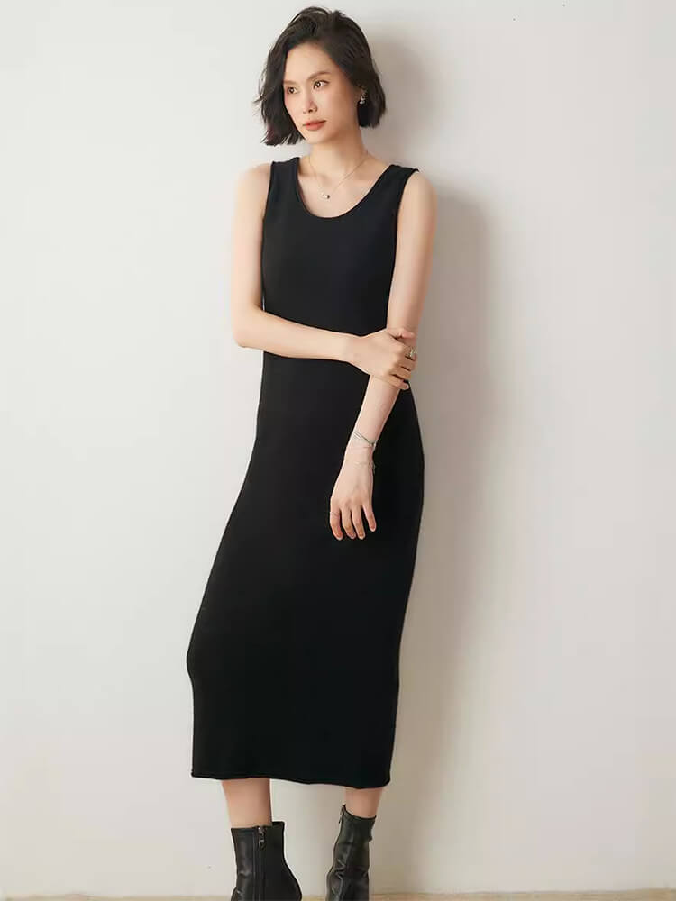 Scoop Neckline Sleeveless Cashmere Midi Tank Dress