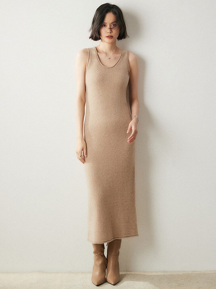 Scoop Neckline Sleeveless Cashmere Midi Tank Dress