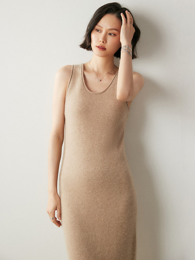 Scoop Neckline Sleeveless Cashmere Midi Tank Dress