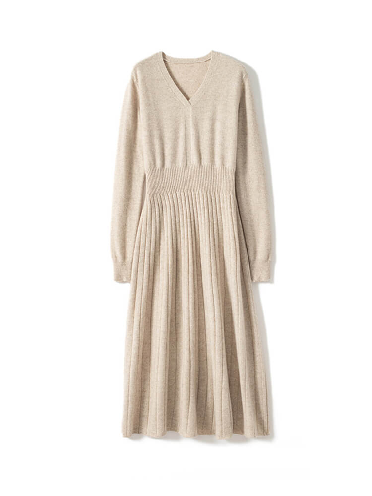 Women's Long Sleeves V-Neck Ribbed Cashmere A-Line Midi Dress