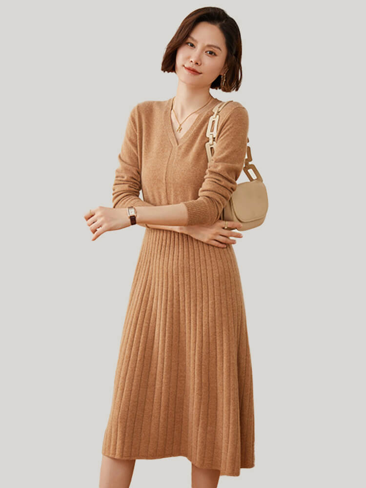 Women's Long Sleeves V-Neck Ribbed Cashmere A-Line Midi Dress