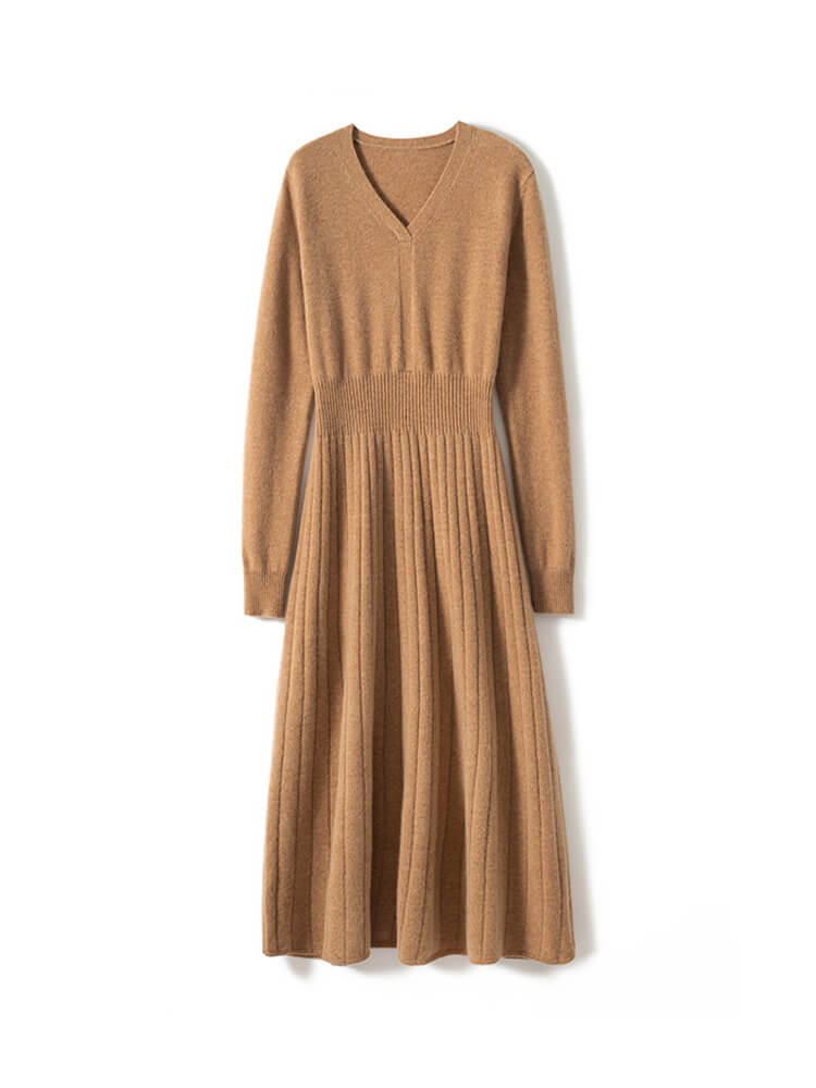 Women's Long Sleeves V-Neck Ribbed Cashmere A-Line Midi Dress