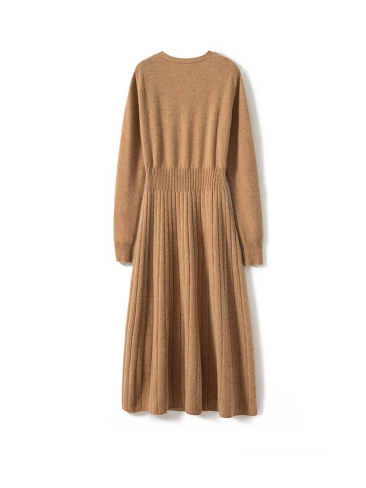 Women's Long Sleeves V-Neck Ribbed Cashmere A-Line Midi Dress