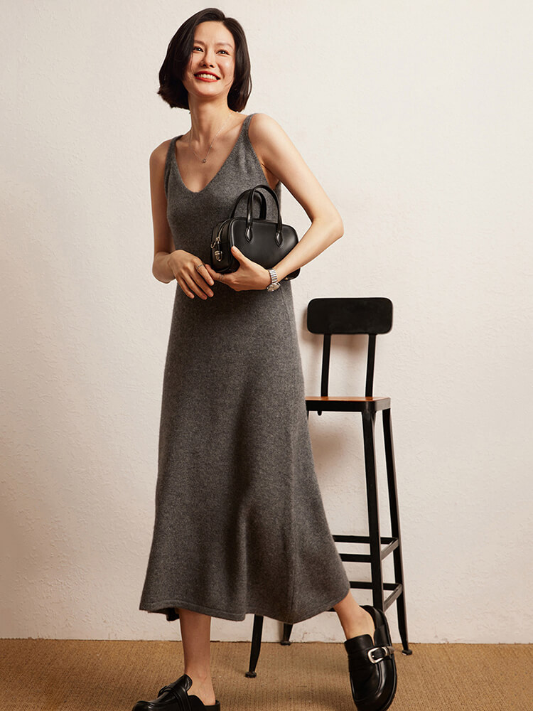 Elegant V-Neck Cashmere Slip Dress