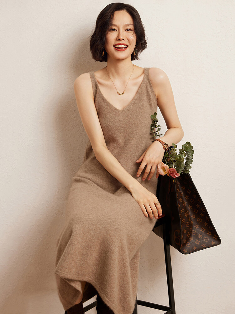 Elegant V-Neck Cashmere Slip Dress