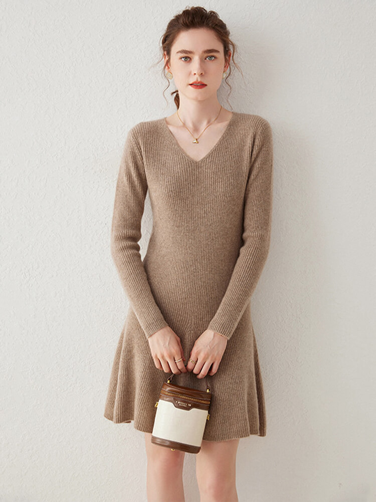 V-Neck Ribbed Long Sleeve Flared Hem Cashmere Sweater Dress