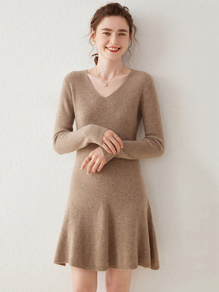 V-Neck Ribbed Long Sleeve Flared Hem Cashmere Sweater Dress