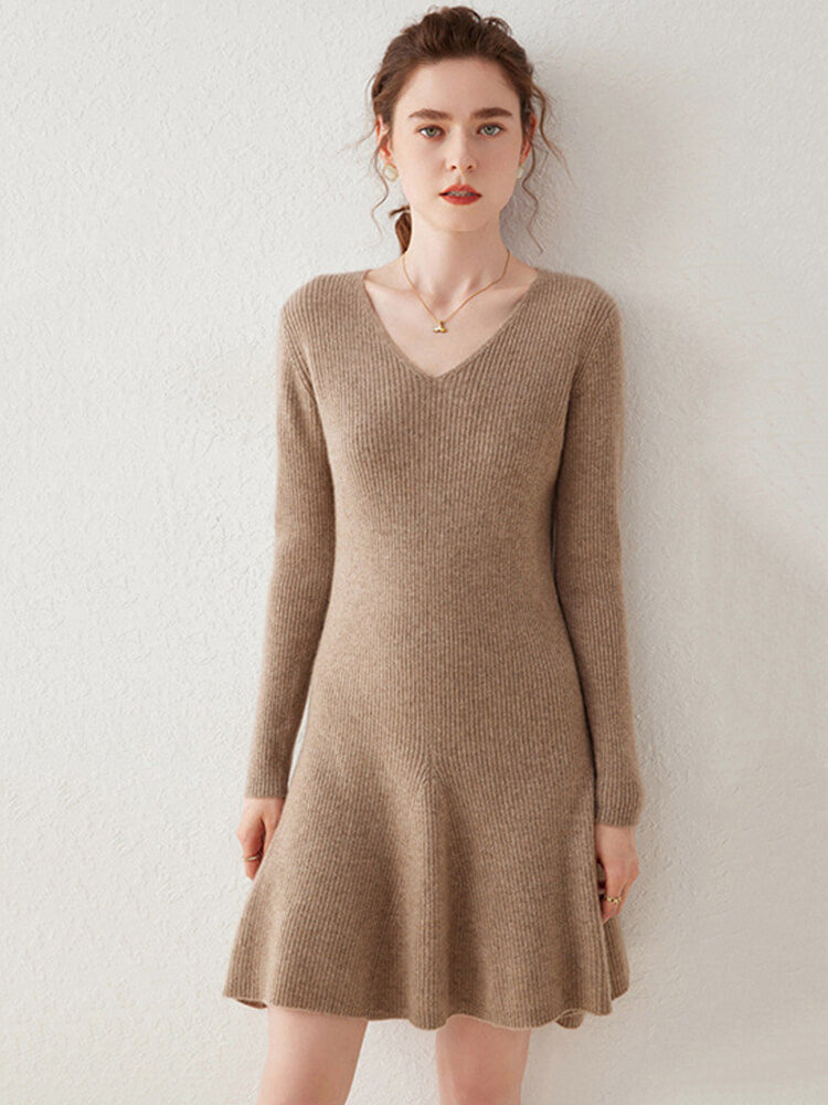 V-Neck Ribbed Long Sleeve Flared Hem Cashmere Sweater Dress