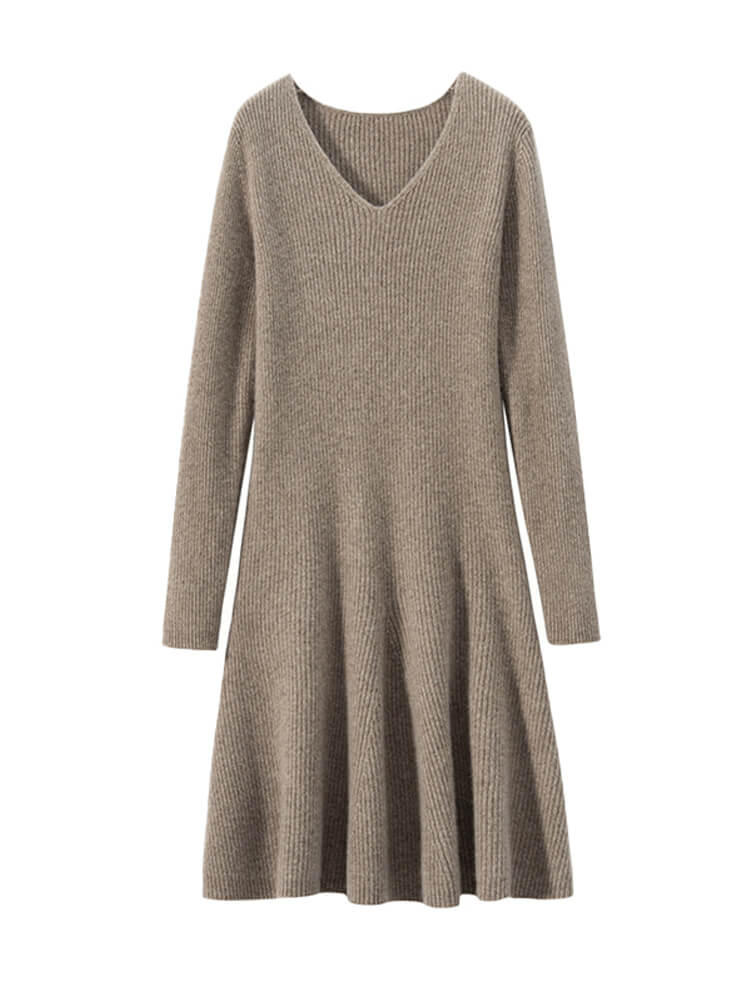 V-Neck Ribbed Long Sleeve Flared Hem Cashmere Sweater Dress