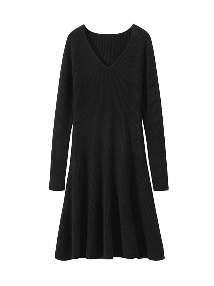 V-Neck Ribbed Long Sleeve Flared Hem Cashmere Sweater Dress