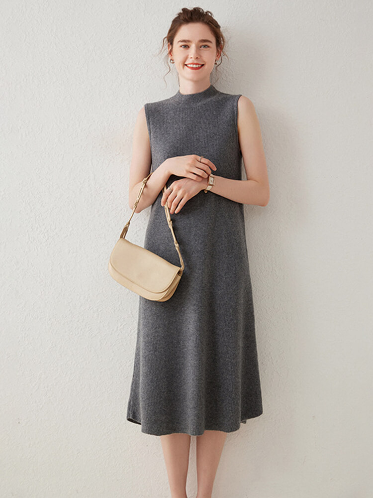 Soft Ribbed Knit Sleeveless Mid-Length Mock Neck Cashmere Dress