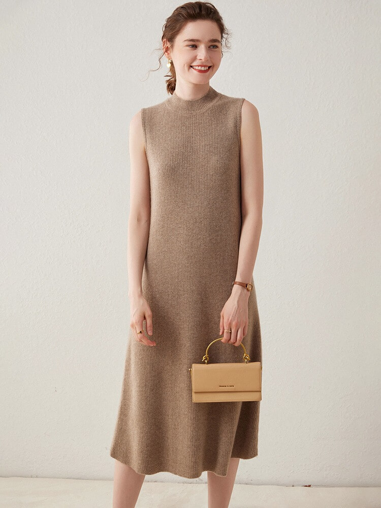 Soft Ribbed Knit Sleeveless Mid-Length Mock Neck Cashmere Dress