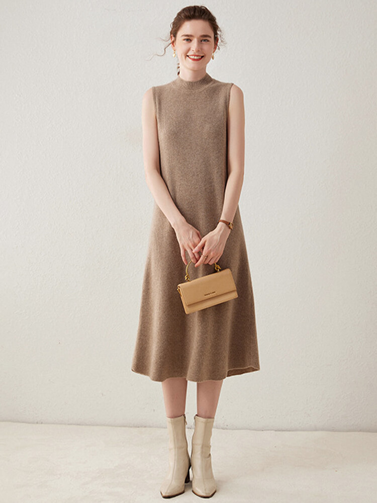 Soft Ribbed Knit Sleeveless Mid-Length Mock Neck Cashmere Dress