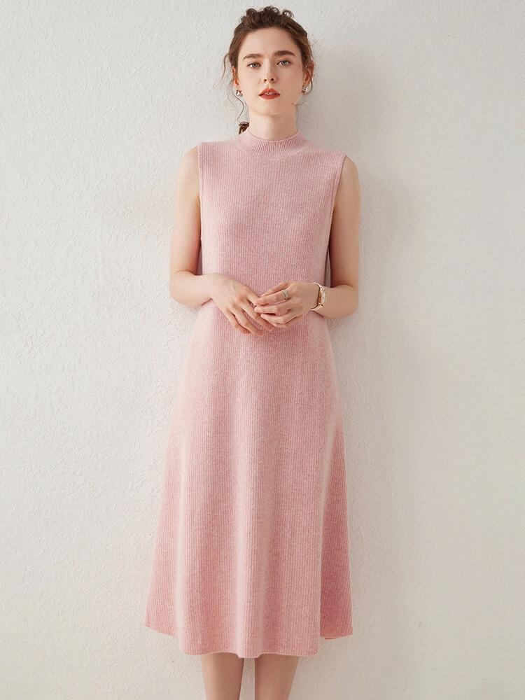 Soft Ribbed Knit Sleeveless Mid-Length Mock Neck Cashmere Dress