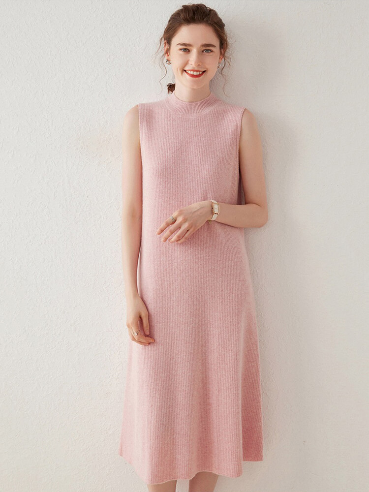 Soft Ribbed Knit Sleeveless Mid-Length Mock Neck Cashmere Dress