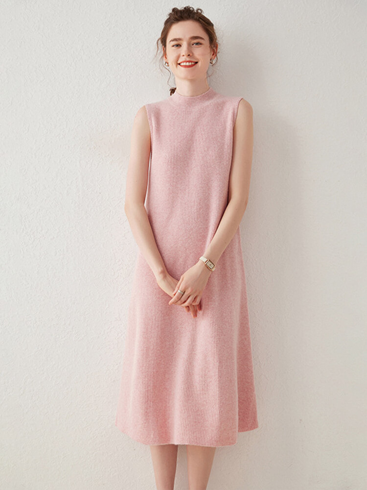 Soft Ribbed Knit Sleeveless Mid-Length Mock Neck Cashmere Dress