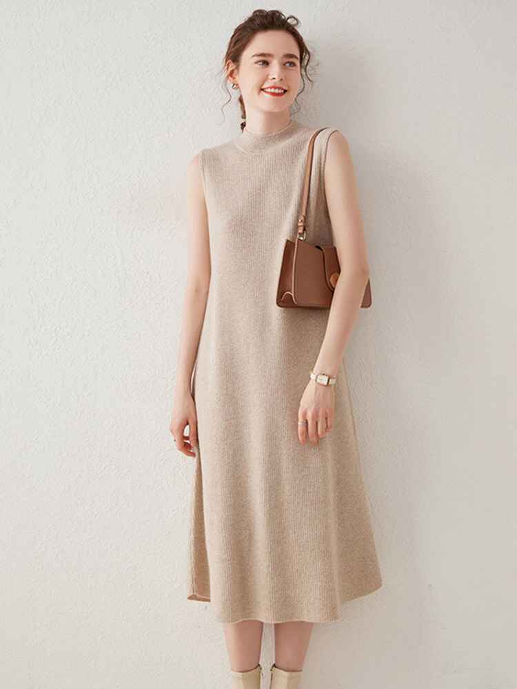 Soft Ribbed Knit Sleeveless Mid-Length Mock Neck Cashmere Dress