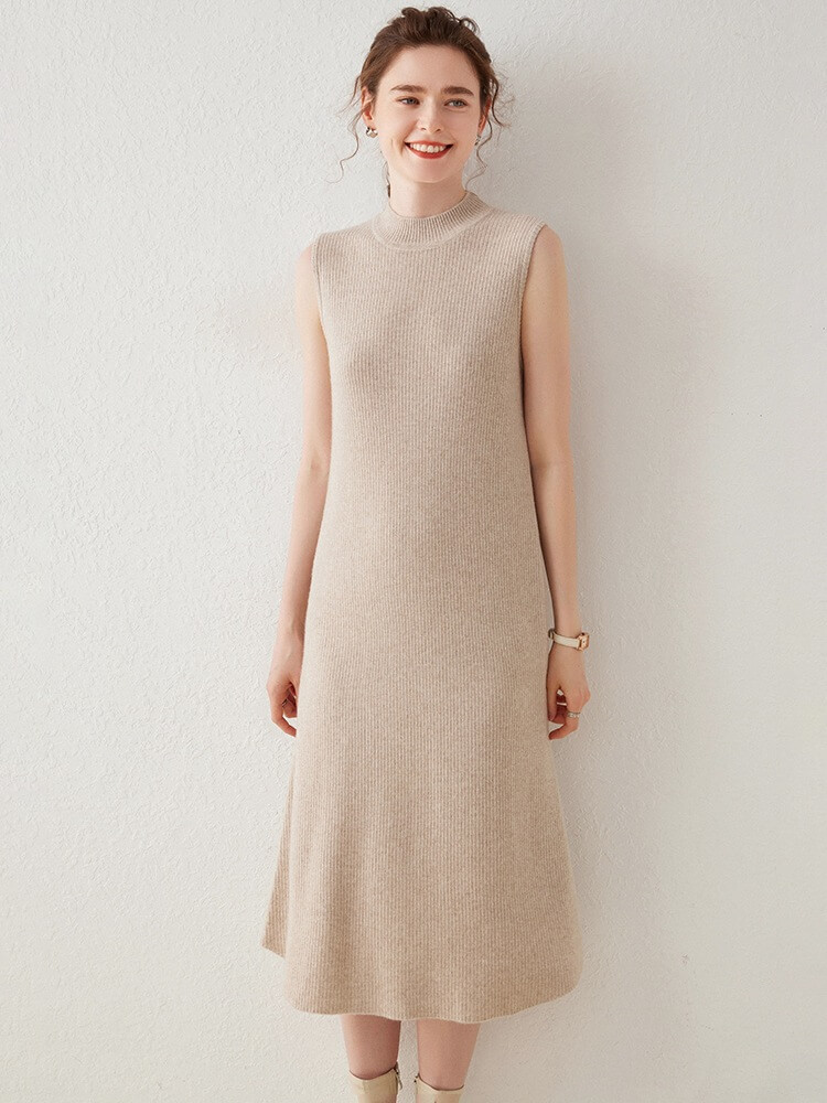 Soft Ribbed Knit Sleeveless Mid-Length Mock Neck Cashmere Dress