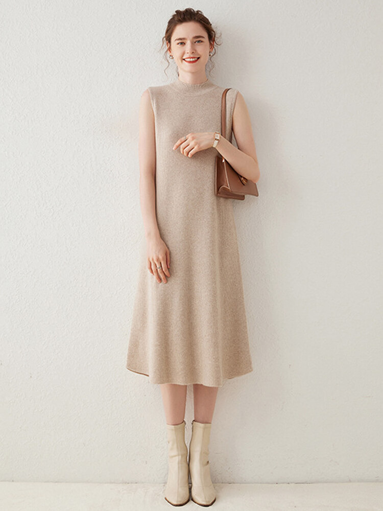 Soft Ribbed Knit Sleeveless Mid-Length Mock Neck Cashmere Dress