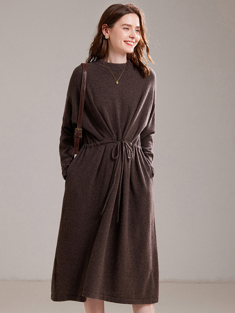 Long Sleeve Cozy Cashmere Midi Dress with Drawstring Waist