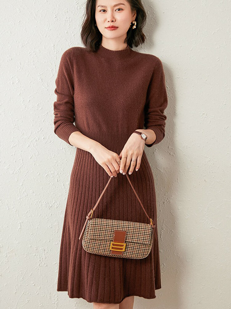 Long Sleeve Cozy Cashmere Midi Dress with Drawstring Waist