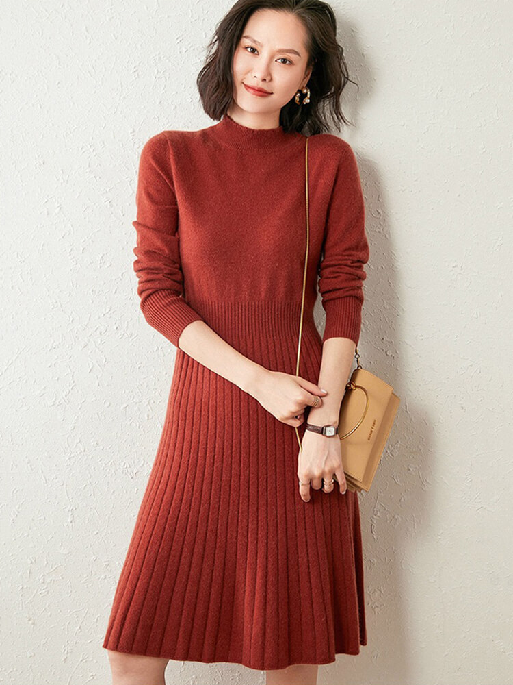 Long Sleeve Cozy Cashmere Midi Dress with Drawstring Waist