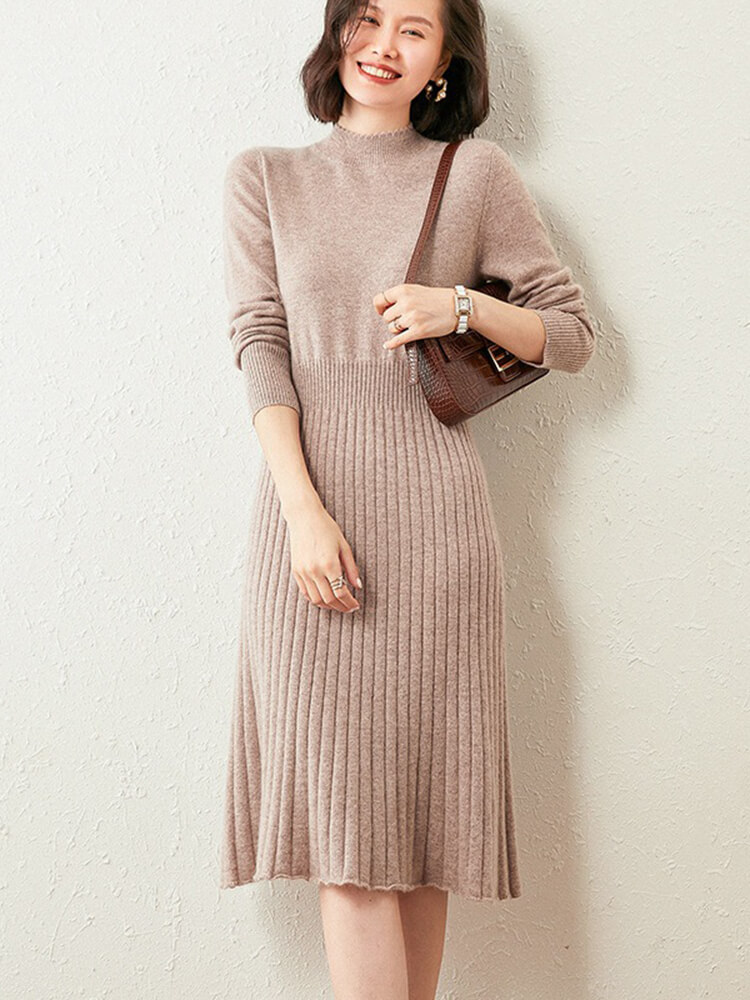 Elegant Long-Sleeve Ribbed Knit Mock Neck Cashmere Midi Dress