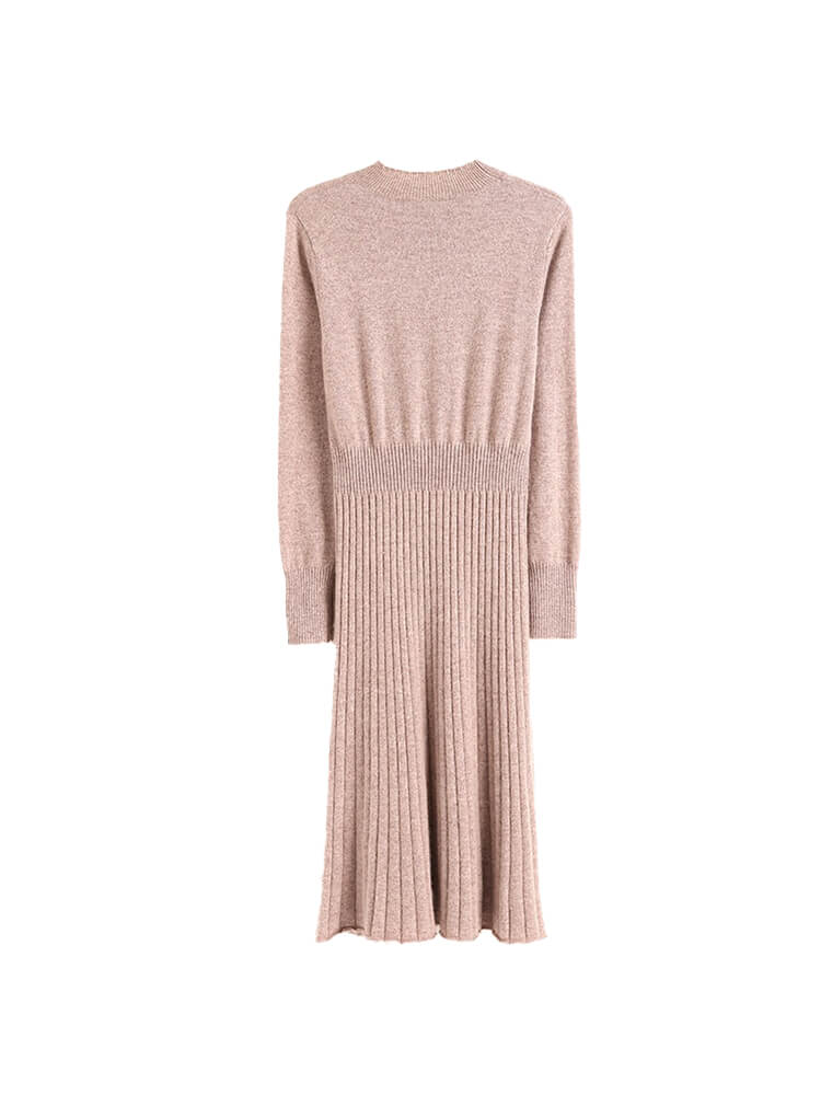 Elegant Long-Sleeve Ribbed Knit Mock Neck Cashmere Midi Dress