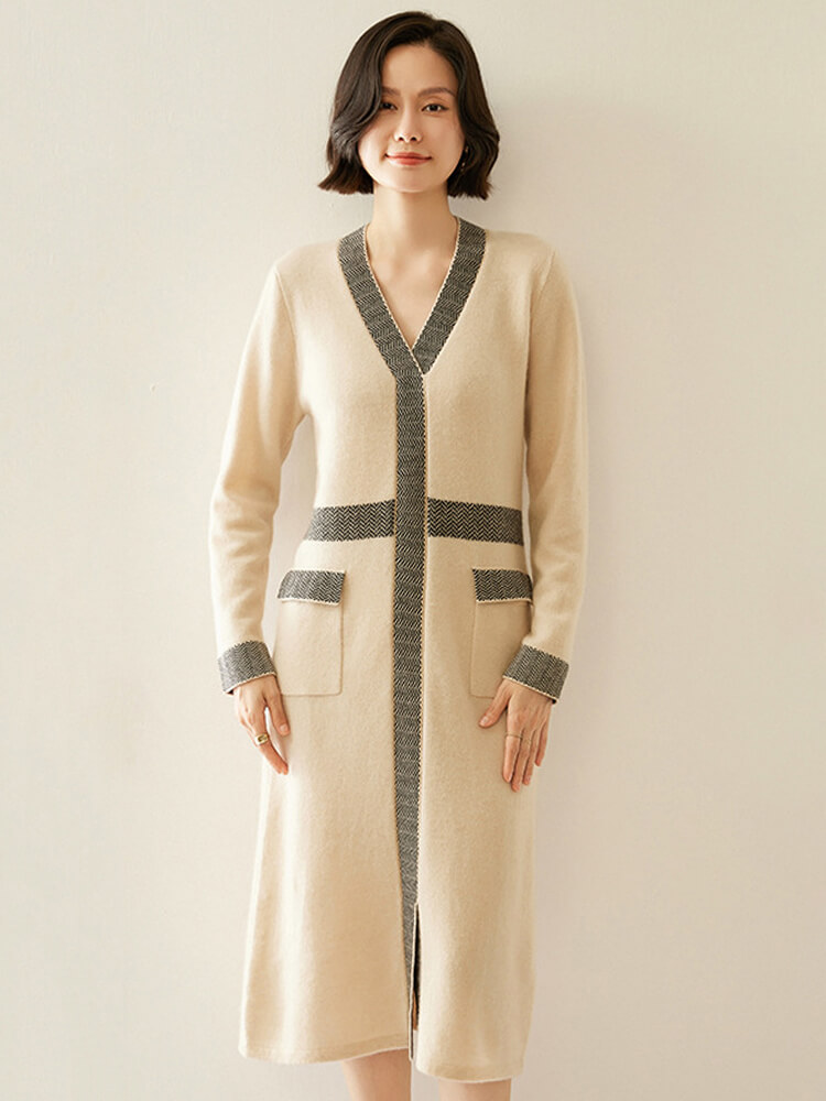 Elegant Trimmed V-Neck Cashmere Wool Blend Cashmere Dress