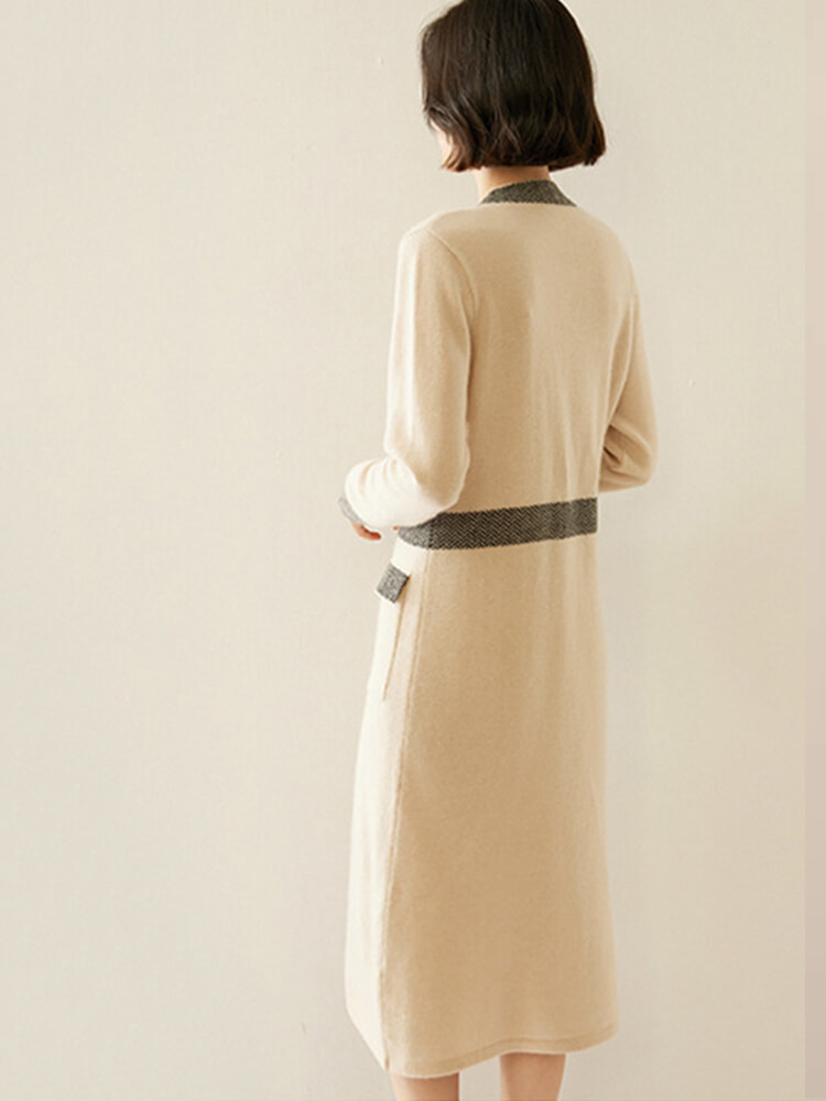 Elegant Trimmed V-Neck Cashmere Wool Blend Cashmere Dress