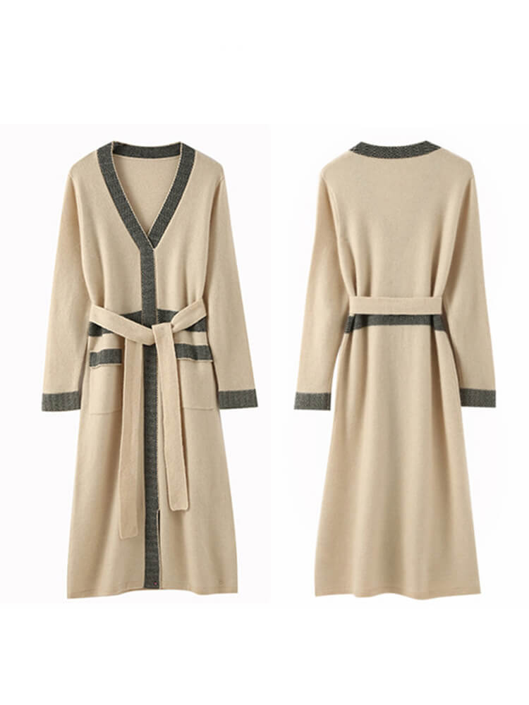 Elegant Trimmed V-Neck Cashmere Wool Blend Cashmere Dress