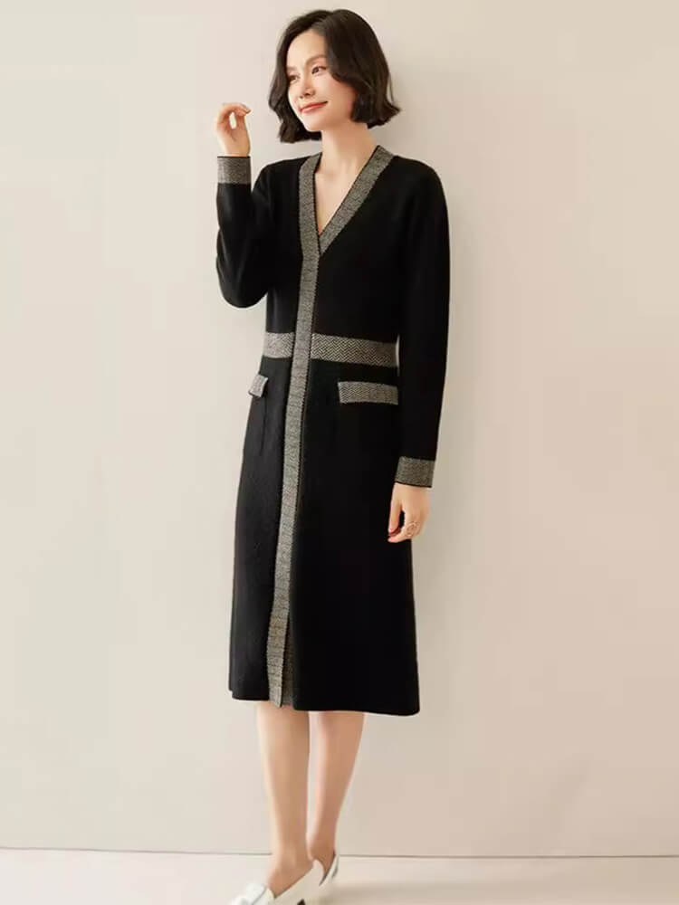 Elegant Trimmed V-Neck Cashmere Wool Blend Cashmere Dress