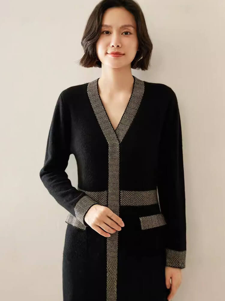 Elegant Trimmed V-Neck Cashmere Wool Blend Cashmere Dress