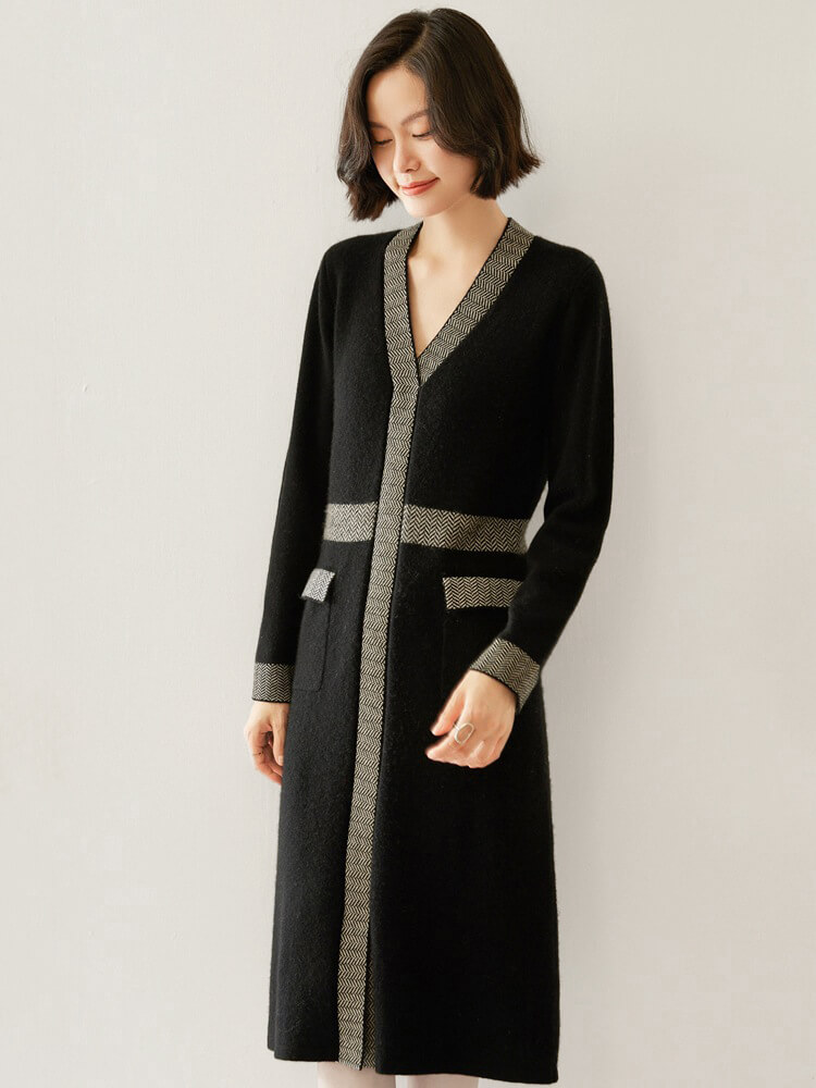 Jacquard Contrast-Trim V-neck Cashmere Sweater Dress