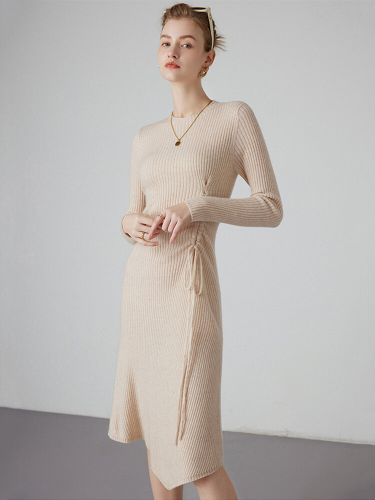 Chic Crewneck Ribbed Cashmere Sweater Dress with Side Drawstring